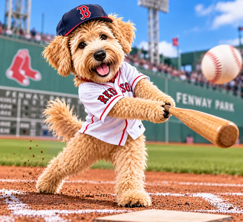 Whitney the Wheaten Terrier playing baseball
