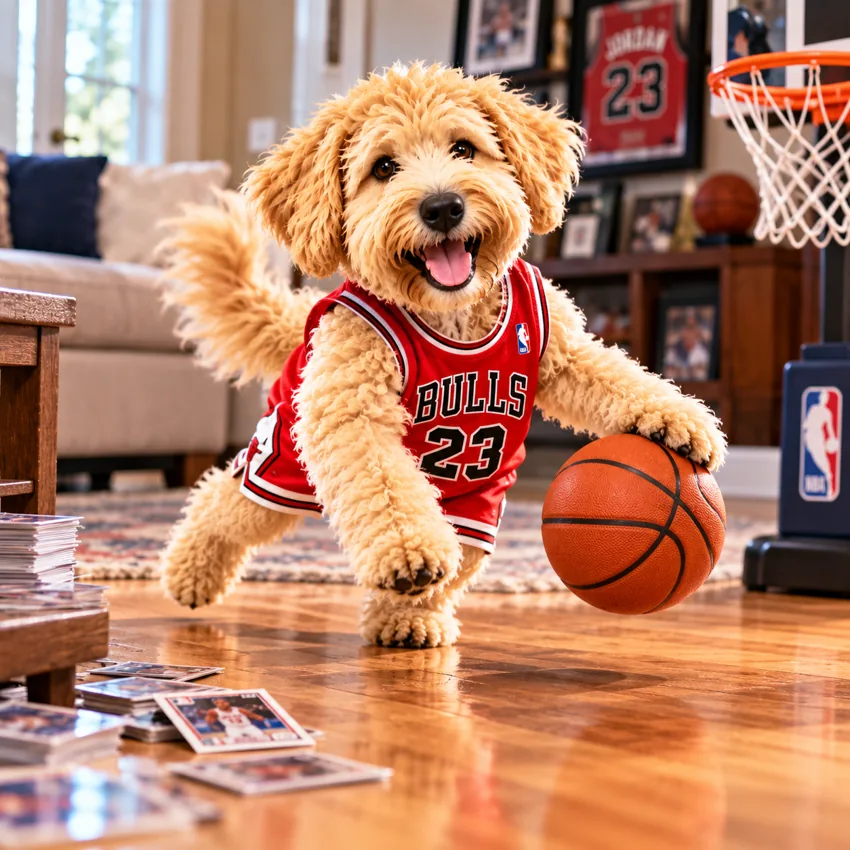 Whitney the Wheaten Terrier playing basketball