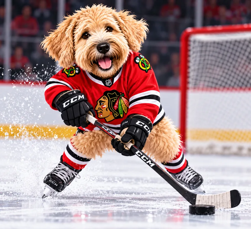 Whitney the Wheaten Terrier playing hockey