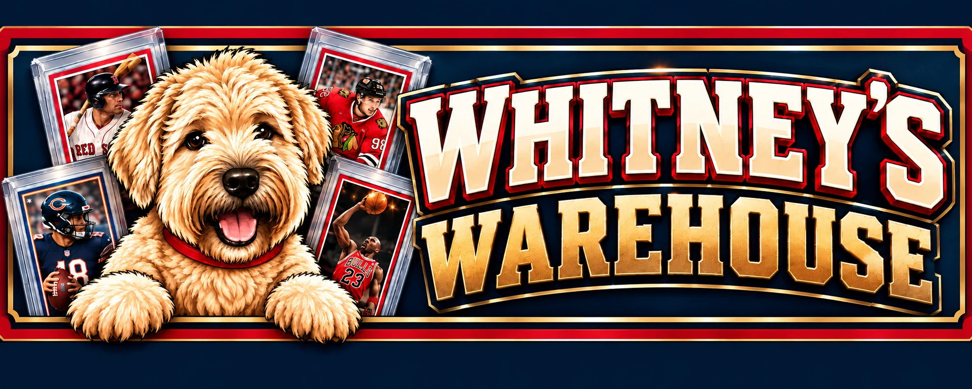 Whitney’s Warehouse sports trading card banner featuring Whitney the Wheaten Terrier and baseball, football, basketball and hockey cards